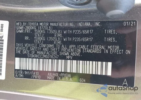 2021 Toyota Sienna Le z USA, uszkodzony, nr VIN 5TDKRKEC2MS016247